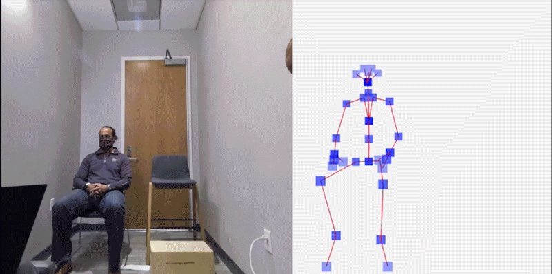 gif showing a person standing up from a chair to sit in a taller chair on the left and a digital skeleton doing the same momement with nodes on each joint on the right