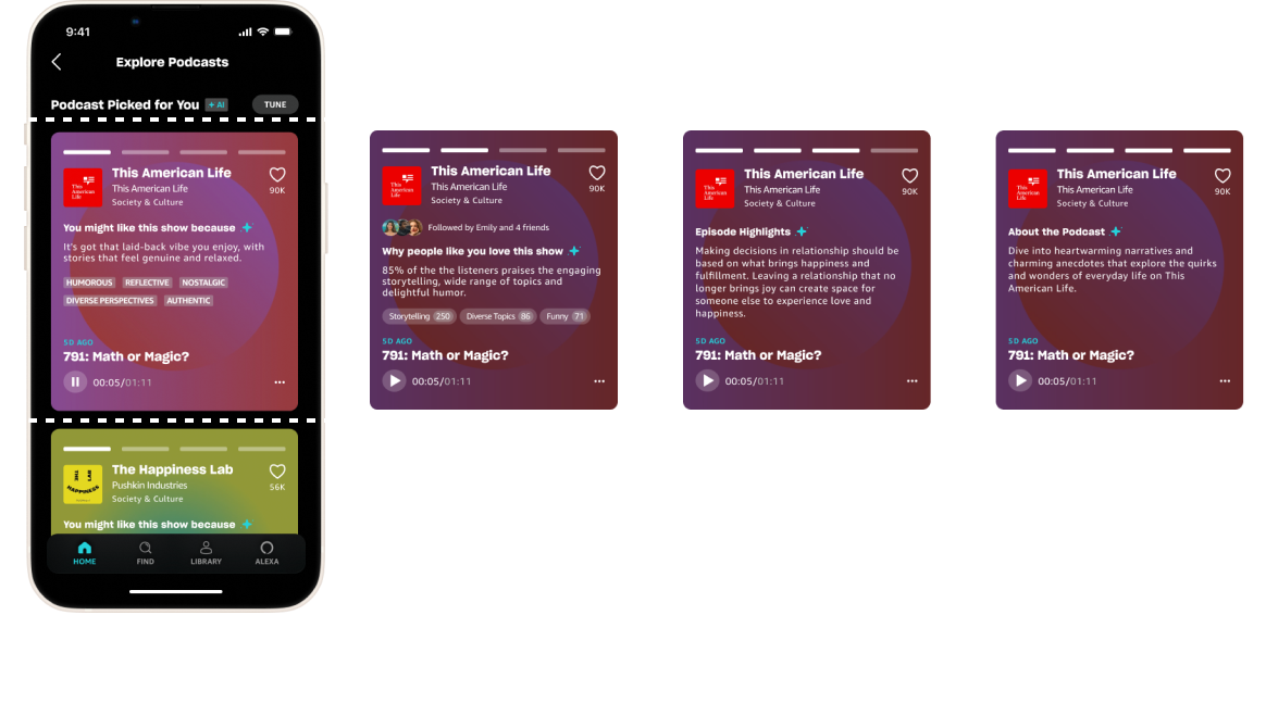 four cards that can be swipped through in a carousel to show more podcast info