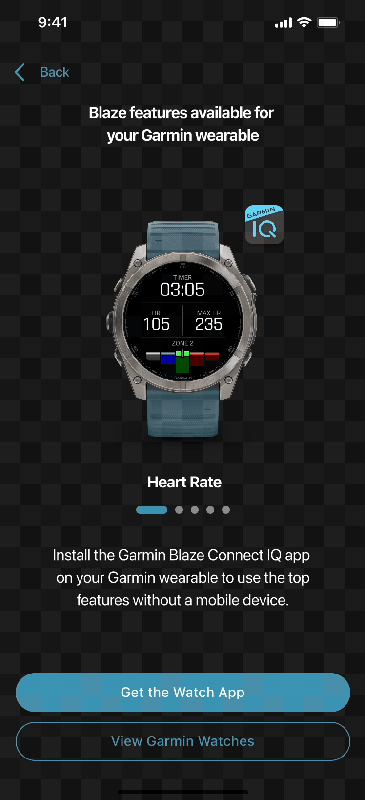 mobile app screen designs showing benefits of downloading the Garmin watch app for Blaze