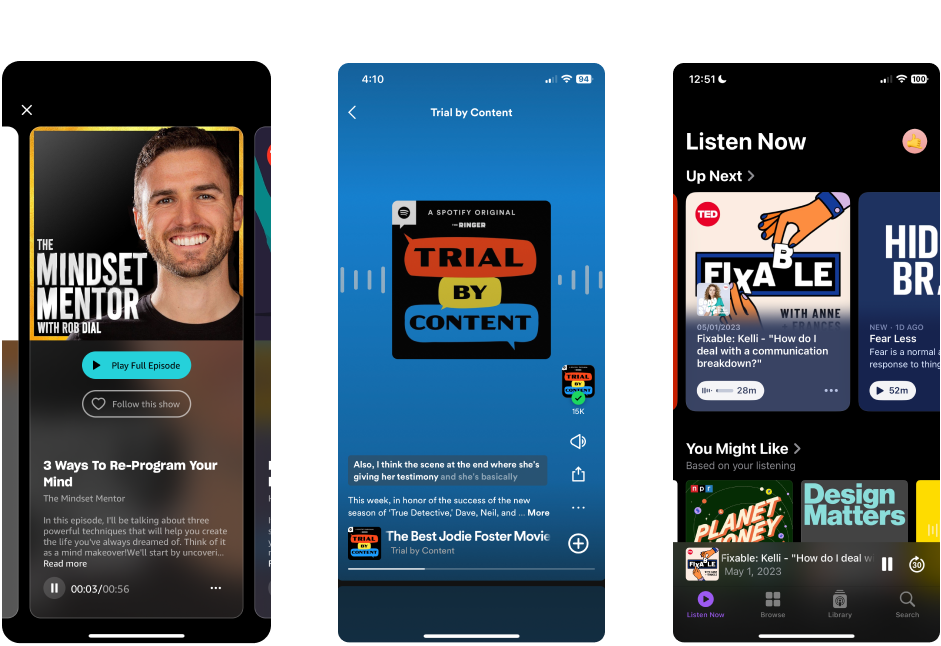 Amazon Music, Spotify, and Apple Podcast's discovery screens showing the ability to listen to snippets of audio and read descriptions